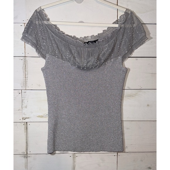 Willi Smith Tops - Willi Smith 45% Silk Short Sleeve Silver Shirt Size Medium Beaded Metallic